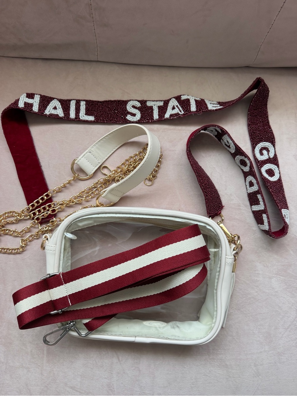 White Clear Crossbody Bag with Maroon Strap